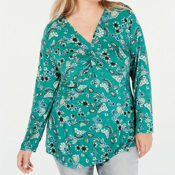 Style & Co Plus Rayon Jersey Floral-Print Top Gree - Picture 1 of 2